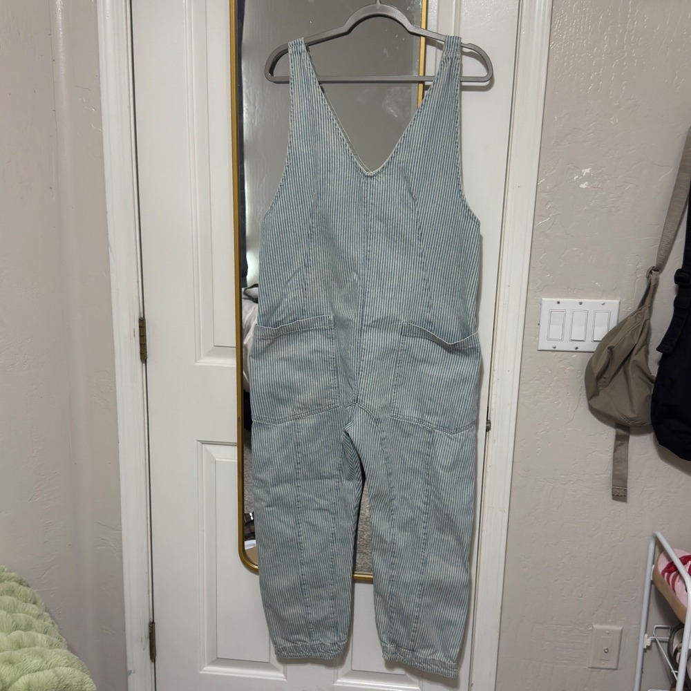 We The Free Free People Hickory Stripe V-Neck Overalls Blue White Small